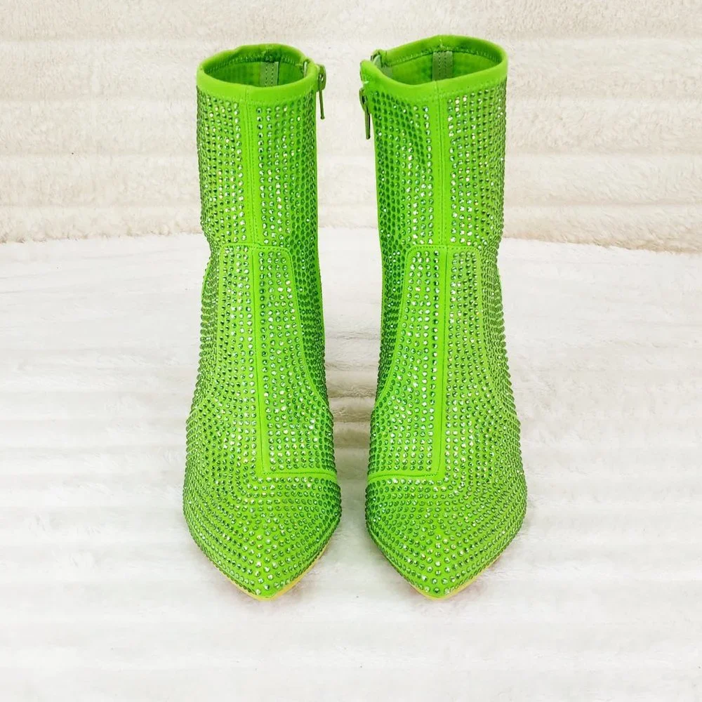 Stunning Bright Green Stretch Rhinestone Ankle Boots 3.5" Kitten Heels_7
